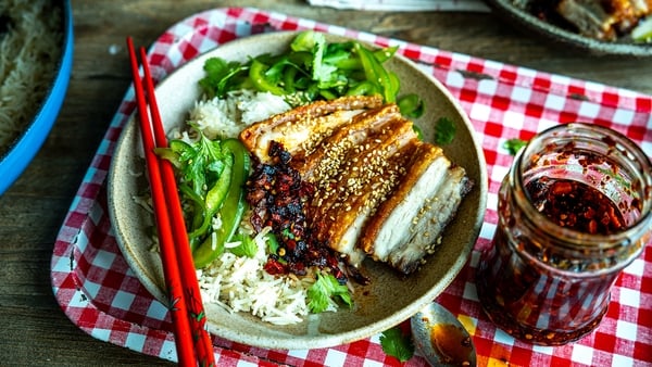 Donal's pork belly, one pan rice and green pepper slaw