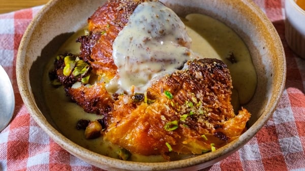 Off Duty Chef: croissant and butter pudding with chocolate and pistachio, Baileys custard